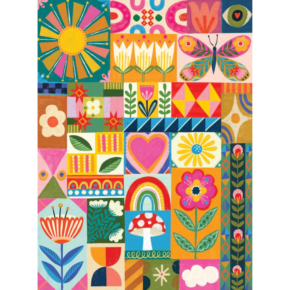Colorful patchwork design with various patterns and shapes on a white background