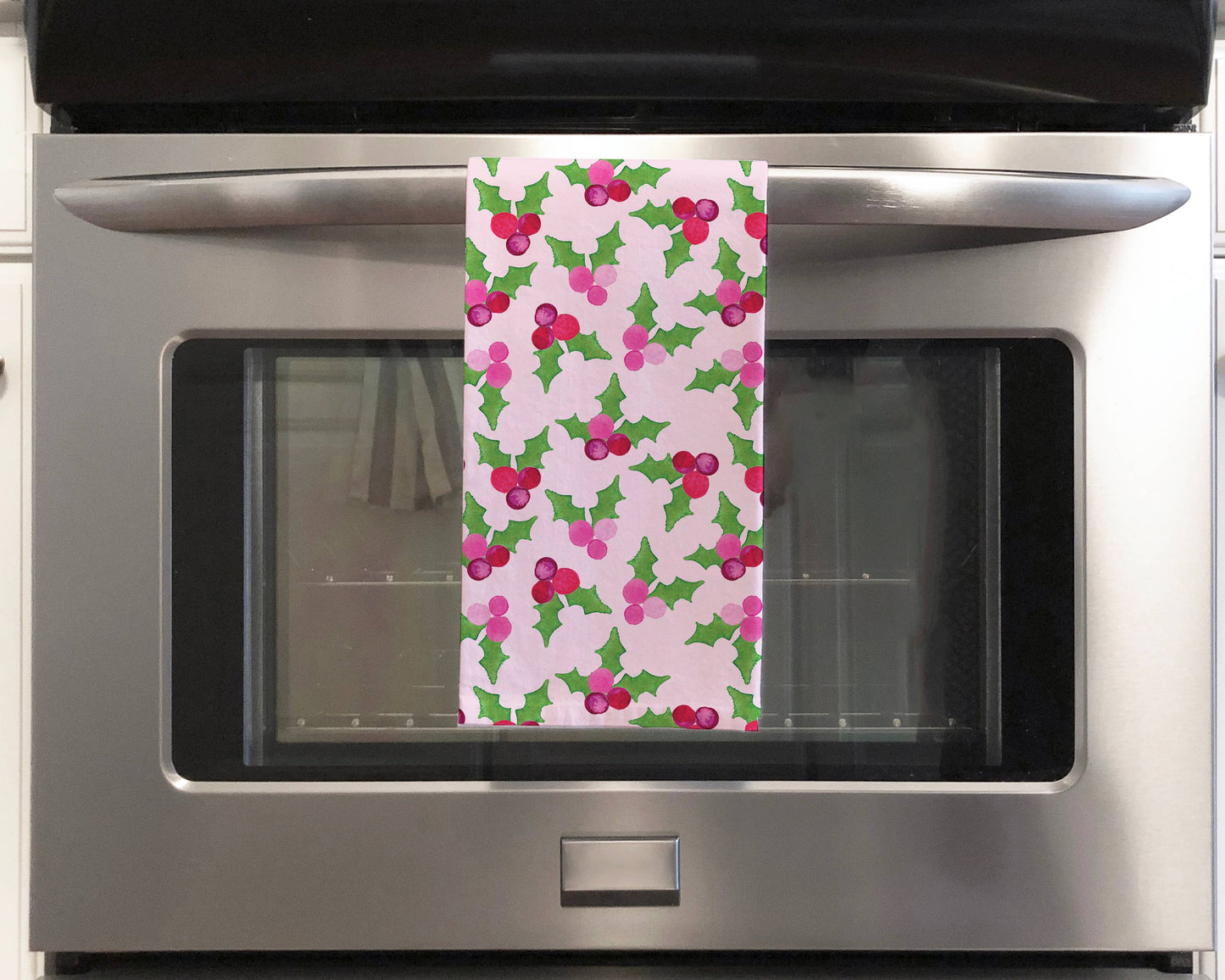 Pink Holly Tea Towel | Pink Christmas Holly Dish Towel