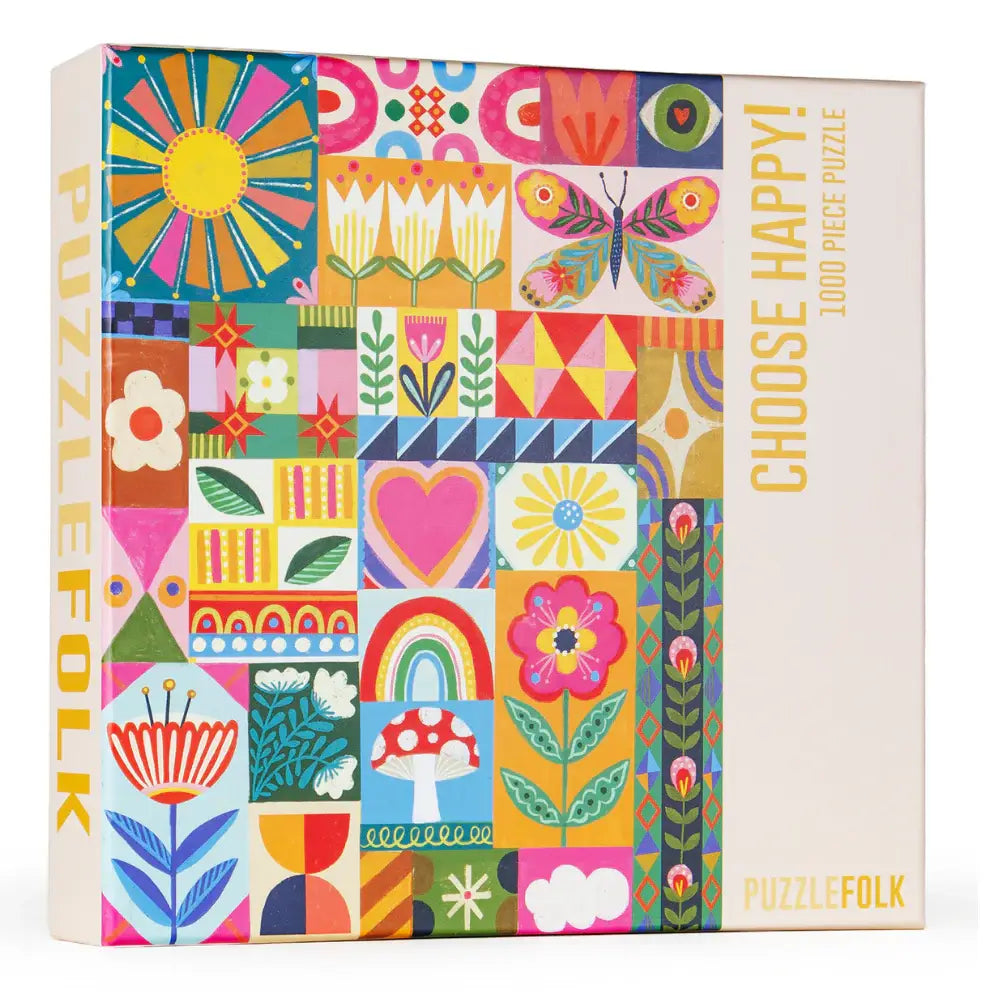 Colorful puzzle box with geometric patterns and vibrant colors, featuring the brand 'PuzzleFolk'.