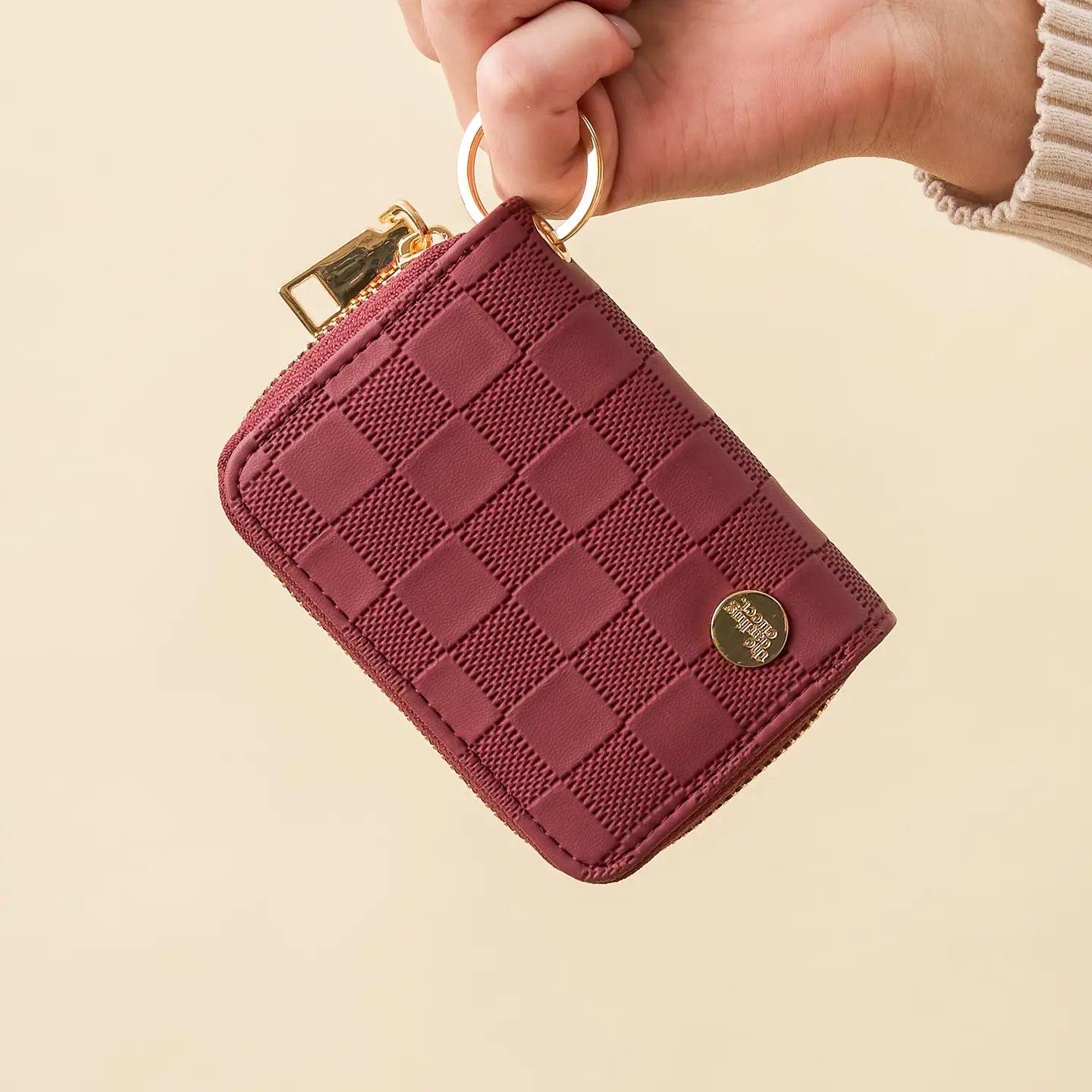 Plum Zip-Around Checkered Wallet