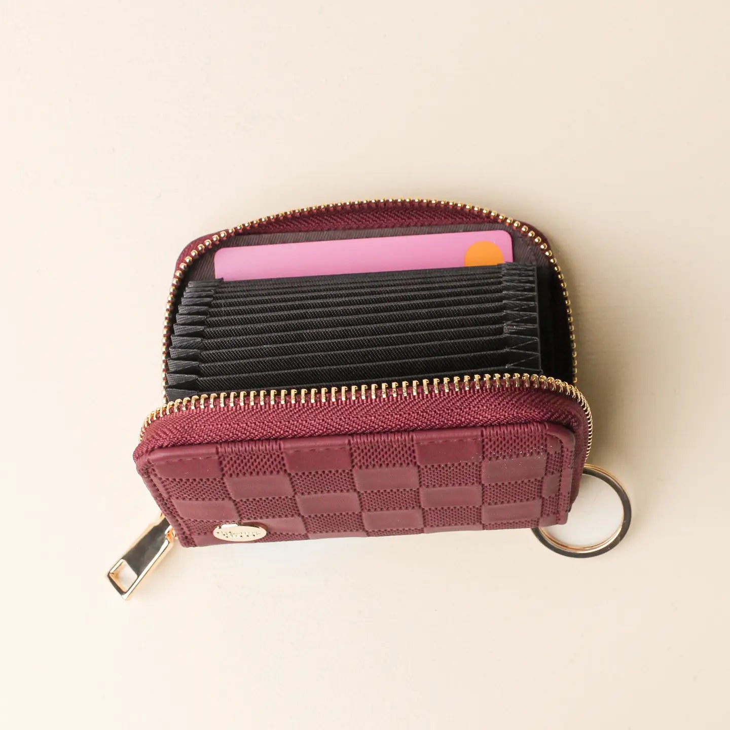 Plum Zip-Around Checkered Wallet