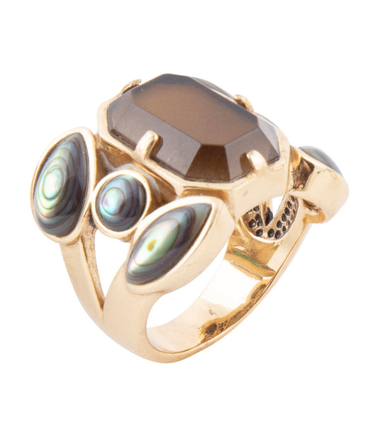 Tribecca Smoky Brown Quartz and Abalone Statement Golden Ring (Online Only)