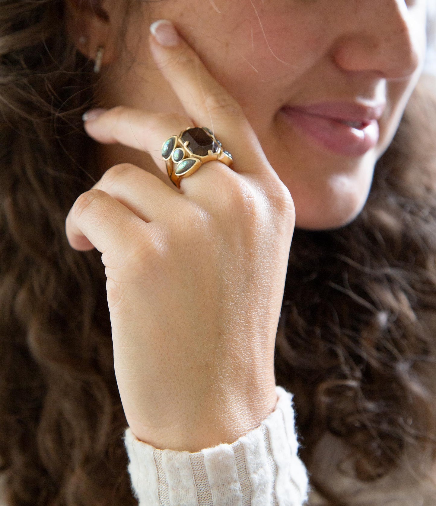 Tribecca Smoky Brown Quartz and Abalone Statement Golden Ring (Online Only)