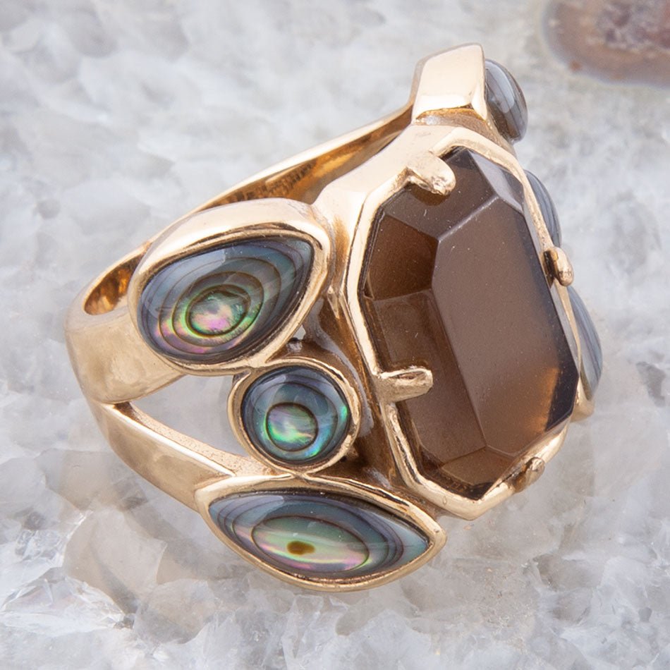 Tribecca Smoky Brown Quartz and Abalone Statement Golden Ring (Online Only)